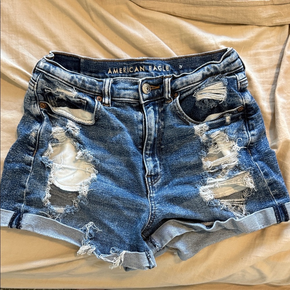 American Eagle Outfitters Distressed High-Rise Denim Shorts - Blue